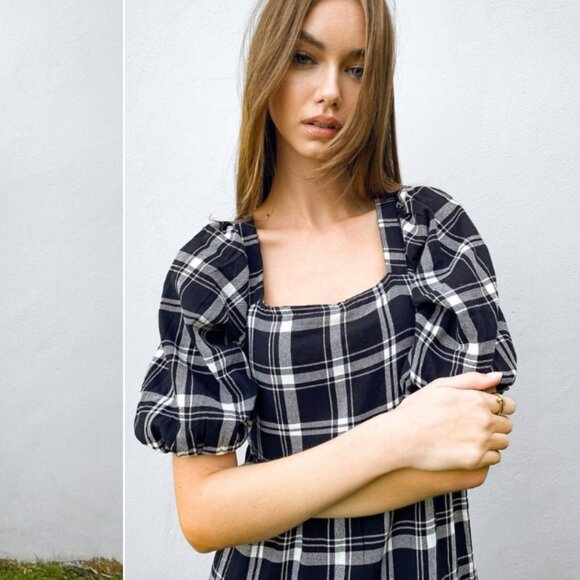 Asos Violet Romance Midi Dress Puff Sleeve Tiered Black White Plaid Check Size 4 - Picture 2 of 14
